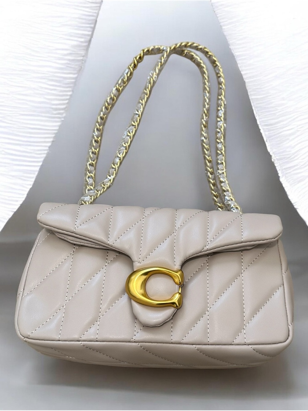 Beige Quilted Shoulder Bag with Gold Hardware